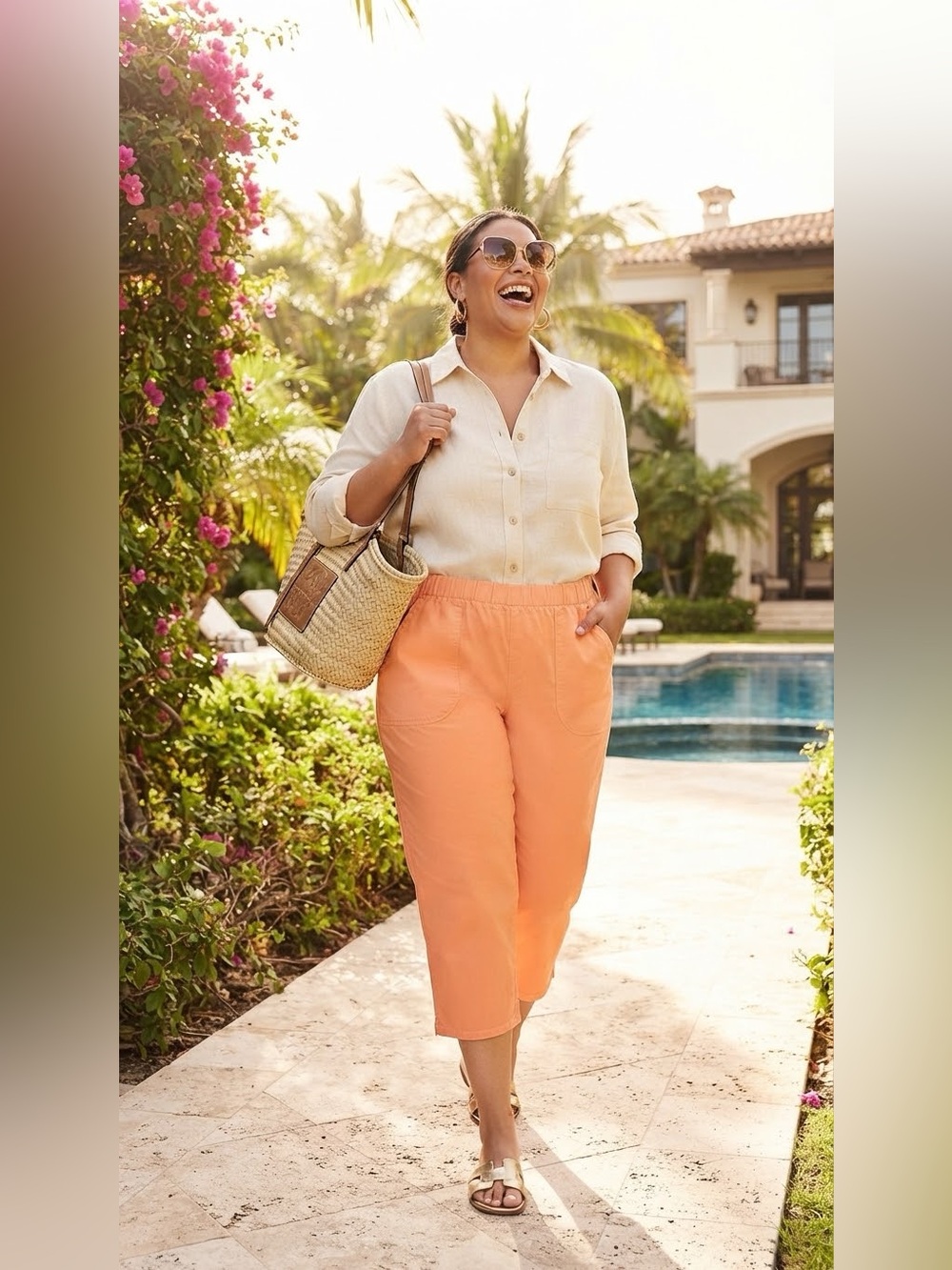 SIZE S Denim & Co.® NEW Women's Peach Pull-On Capri Pants Pocket Cotton Spandex